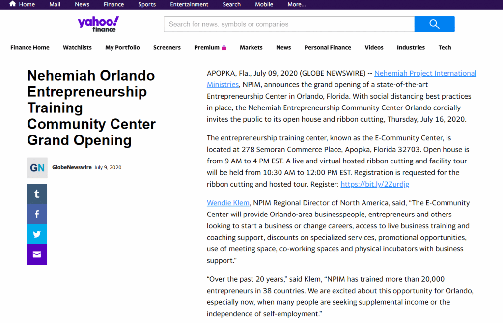 Gran inauguración del Orlando Center Yahoo Finance - Nehemiah Entrepreneurship Community